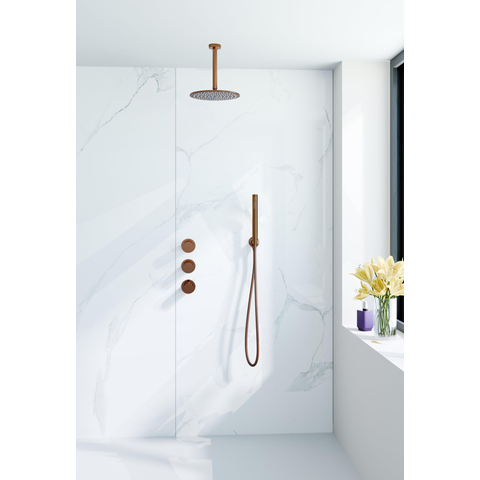 Fortifura Nebbio Regendoucheset - inbouwkraan - inbouwdeel - wandaansluitbocht - doucheslang glad - staafhanddouche - 20cm plafondarm - ronde hoofddouche - PVD - geborsteld koper SW1447160