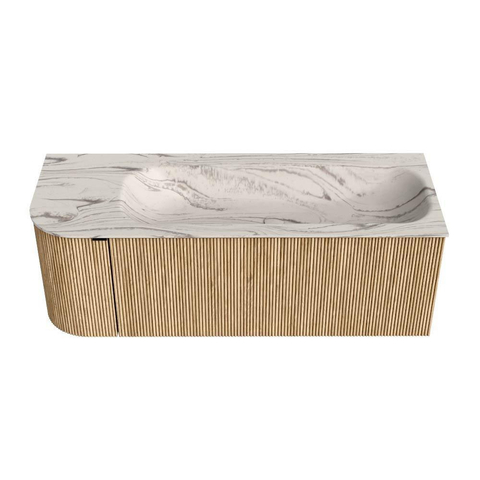 MONDIAZ KURVE-DLUX Meuble de salle de bains 125cm arrondi à gauche couleur Chêne avec 1 tiroir et 1 porte. Lavabo BIG MEDIUM à droite 1 trou de robinet Nata. SW1432111