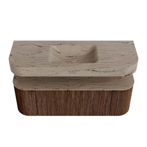MONDIAZ THOR-DLUX 130cm meuble de salle de bains arrondi gauche + droite couleur Walnut avec 1 tiroir et 2 portes. Vasque suspendue CLOUD Centre sans trou de robinet couleur Arena. SW1463801