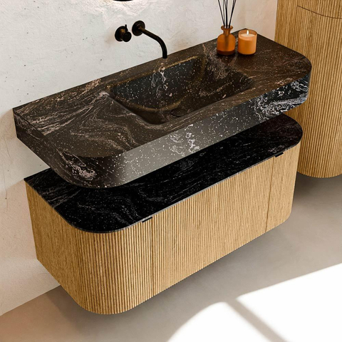 MONDIAZ THOR-DLUX 110cm meuble de salle de bains arrondi gauche + droite couleur Oak avec 1 tiroir et 2 portes. Vasque suspendue CLOUD Milieu sans trou de robinet couleur Lava. SW1462743