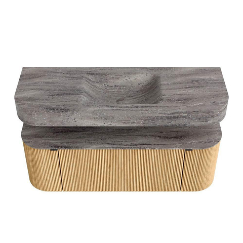 MONDIAZ THOR-DLUX 130cm badmeubel ronding links + rechts kleur Oak met 1 lade en 2 deuren. Vrijhangende wastafel CLOUD Midden zonder kraangat kleur Oza. SW1463970