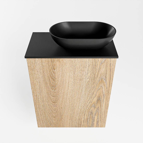 Mondiaz Fowy meuble de toilette - 40x50x23cm - chêne blanchi mat - 1 trou de robinet - lavabo à droite - 1 porte - solid surface - plan Mélamine - lavabo : noir SW761435
