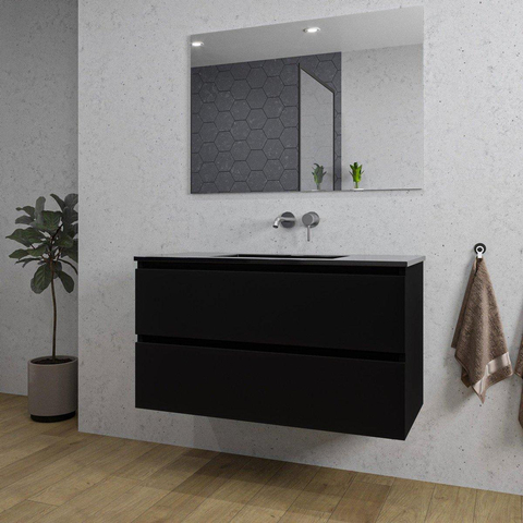 Saniclass Chaci Meuble de salle de bain - 100x45x55cm - lavabo en céramique noir mat - 1 vasque - sans trou de robinet - 2 tiroirs - noir mat SW809385