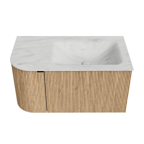 MONDIAZ KURVE-DLUX meuble de salle de bains 85 cm avec module 25 L couleur Oak avec 1 tiroir et 1 porte. Lavabo CLOUD à droite 1 trou de robinet couleur Opalo. SW1137553