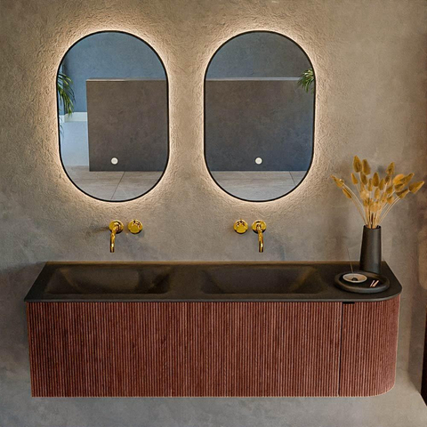 Mondiaz KURVE Ensemble de meuble de salle de bains - 145x46x40cm - 1 tiroir - 1 porte - vasque solid surface - double / gauche - sans trou de robinet - Ruby SW1415355