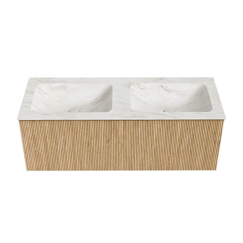 MONDIAZ KURVE-DLUX Meuble de salle de bains 120cm couleur Oak avec 1 tiroir. Lavabo LEAF double 2 trous de robinet couleur Ostra. SW1137779