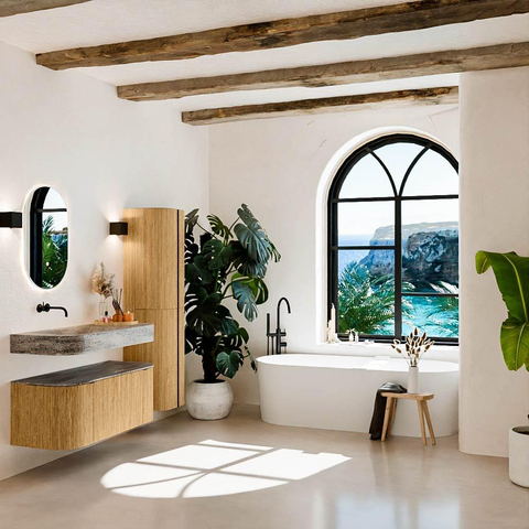 MONDIAZ THOR-DLUX 110cm meuble de salle de bains arrondi gauche + droite couleur Oak avec 1 tiroir et 2 portes. Vasque suspendue CLOUD Gauche sans trou de robinet couleur Oza. SW1462985