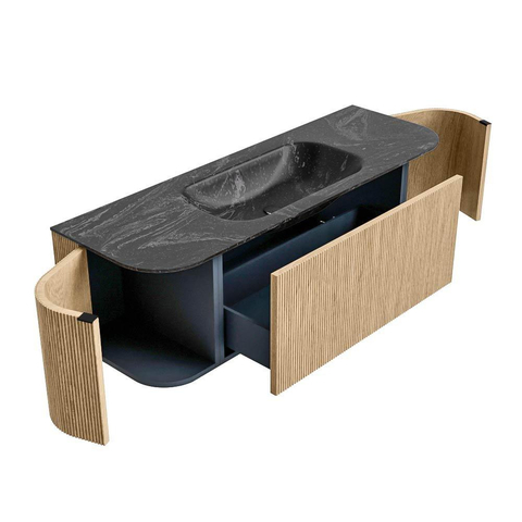 MONDIAZ KURVE-DLUX Meuble de salle de bains 140 cm avec module 25 Len R couleur Oak avec 1 tiroir et 2 portes. Plan vasque BIG SMALL central sans trou de robinet couleur Lava. SW1138161