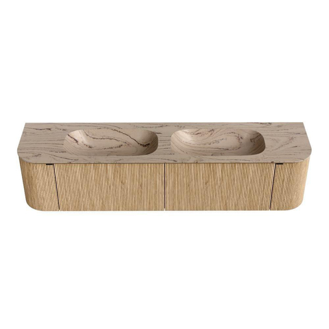 MONDIAZ KURVE-DLUX Meuble de salle de bains 190cm arrondi gauche + droite couleur Oak avec 2 tiroirs et 2 portes. Lavabo STOR SMALL Double sans trou de robinet Arena. SW1431162