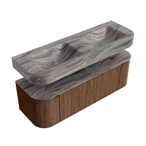 MONDIAZ THOR-DLUX 140cm badmeubel ronding links + rechts kleur Walnut met 1 lade en 2 deuren. Vrijhangende wastafel CLOUD Dubbel 2 kraangaten kleur Sombra. SW1464212