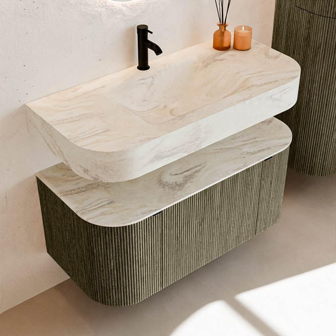 MONDIAZ THOR-DLUX 100cm meuble de salle de bains arrondi gauche + droite couleur Shadow avec 1 tiroir et 2 portes. Vasque suspendue CLOUD Milieu 1 trou de robinet couleur Ostra. SW1467527
