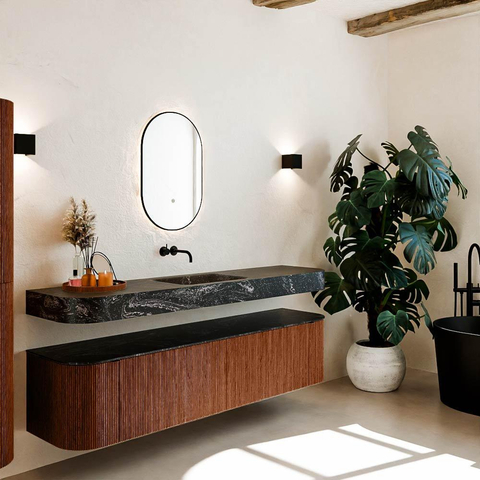 MONDIAZ THOR-DLUX Meuble de salle de bains - 190cm - arrondi gauche + droite - couleur Ruby - 2 tiroirs et 2 portes - Vasque suspendue CLOUD Milieu sans trou de robinet - couleur Lava SW1466496