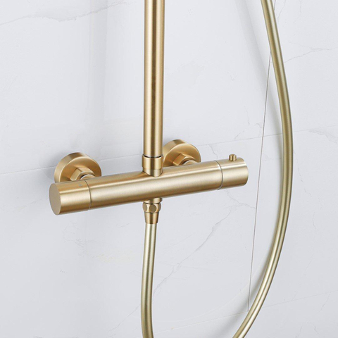 Fortifura Calvi Regendoucheset - thermostatisch - 25cm - hoofddouche - gladde slang - staaf handdouche - PVD - geborsteld messing (goud) SW1204404