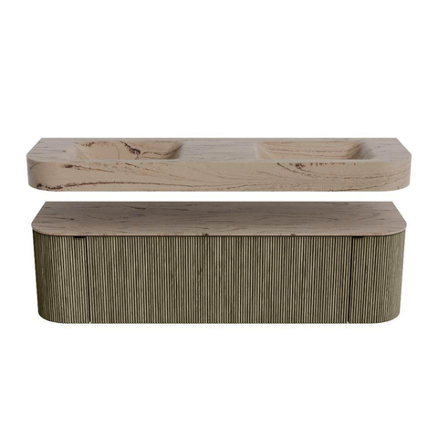 MONDIAZ THOR-DLUX 160cm meuble de salle de bains arrondi gauche + droite couleur Shadow avec 1 tiroir et 2 portes. Vasque suspendue CLOUD Double sans trou de robinet couleur Arena. SW1465135