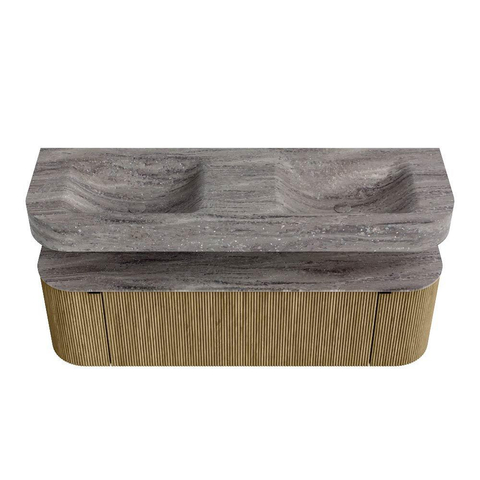MONDIAZ THOR-DLUX 150cm meuble de salle de bains arrondi gauche + droite couleur Dusk avec 1 tiroir et 2 portes. Vasque suspendue CLOUD Double 2 trous de robinet couleur Oza. SW1464855