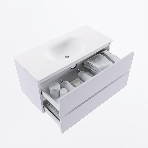 Mondiaz VICA Ensemble meuble de salle de bains - 100cm - cale - 2 tiroirs - Lavabo MOON - au milieu - 1 trou de robinet - couleur talc - version XL 60cm de hauteur SW1189235
