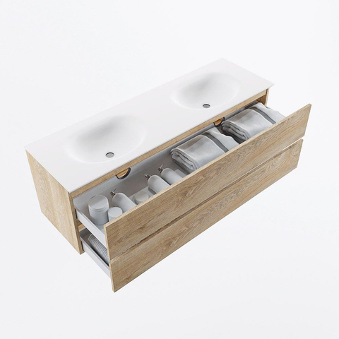 MONDIAZ VICA meuble sous lavabo 150cm Chêne blanchi 2 tiroirs. Lavabo MOON double 2 trous de robinet, couleur Talc. SW1381880