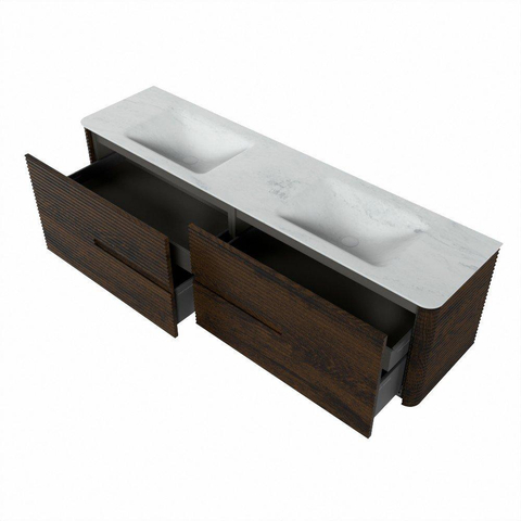 Mondiaz CIRO-DLUX Badkamermeubelset - 180x45x50cm - Solid surface wastafel Opalo - 2 wasbak Dubbel - zonder kraangaten - 4 lades - Walnut SW1530484