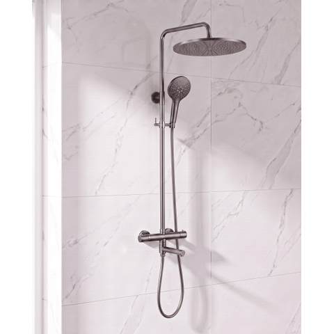 Fortifura Calvi Regendoucheset - thermostatisch - 30cm hoofddouche - gladde slang - ronde handdouche - draaibare baduitloop - Geborsteld Gunmetal PVD SW1592484