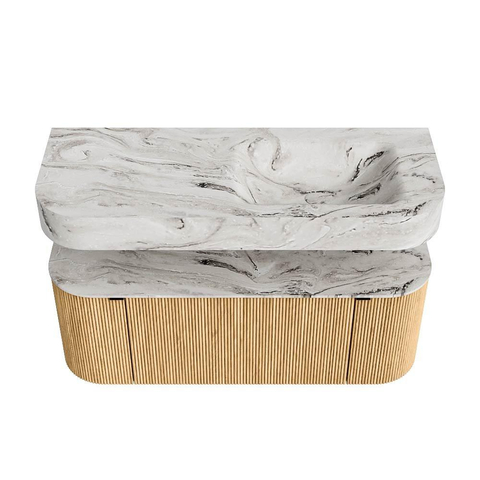 MONDIAZ THOR-DLUX 120cm badmeubel ronding links + rechts kleur Oak met 1 lade en 2 deuren. Vrijhangende wastafel CLOUD Rechts 1 kraangat kleur Glace. SW1463135