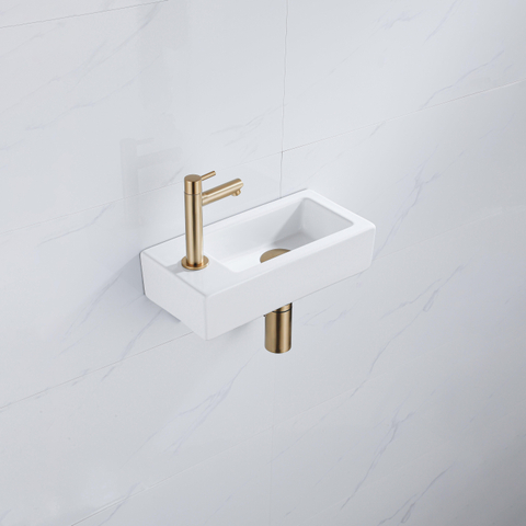 QeramiQ Fuente pack lave-mains – 37,5 x 18,5 x 9 cm – céramique blanc brillant – perçage à gauche – robinet doré brossé SW1232751
