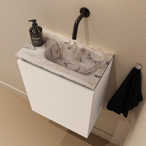 MONDIAZ TURE-DLUX Meuble de toilette 40 cm Talc. EDEN lavabo Glace position à droite. Sans trou de robinet. SW1103079
