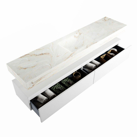 Mondiaz ALAN-DLUX Ensemble de meuble - 200cm - meuble Talc mat - 2 tiroirs - Lavabo Cloud Frappe suspendu - vasque Centre - 1 trou de robinet SW805502