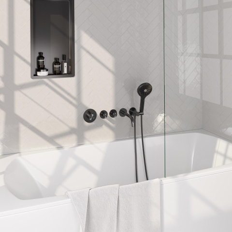 BRAUER Stripe Mitigeur thermostatique bain - SET 02 - encastré - bec - douchette 3 positions - flexible de douche - coude mural - gunmetal brossé PVD SW1434984