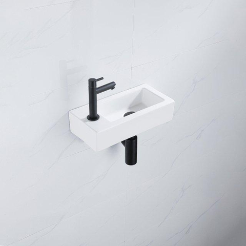 QeramiQ Fuente pack lave-mains – 37,5 x 18,5 x 9 cm – céramique blanc brillant – perçage à gauche – robinet noir mat SW1232726