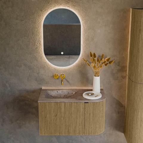 MONDIAZ KURVE-DLUX 75cm badmeubel ronding Rechts kleur Dusk met 1 lade en 1 deur. Wastafel GRUNNE Links zonder kraangat Oza. SW1432955