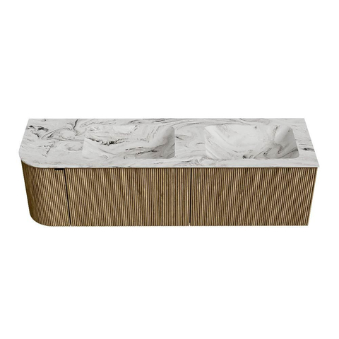 Mondiaz KURVE-DLUX Ensemble meuble de salle de bains - 155x46x40cm - 2 tiroirs - 1 porte - vasque solid surface - double / droite - sans trou de robinet - Dusk SW1415514