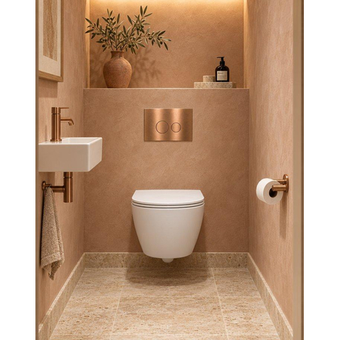 QeramiQ Dely Swirl Compact Toiletset - inbouwreservoir QeramiQ flush - slim zitting - metalen bedieningsplaat koper - ronde knoppen - mat wit SW1590666