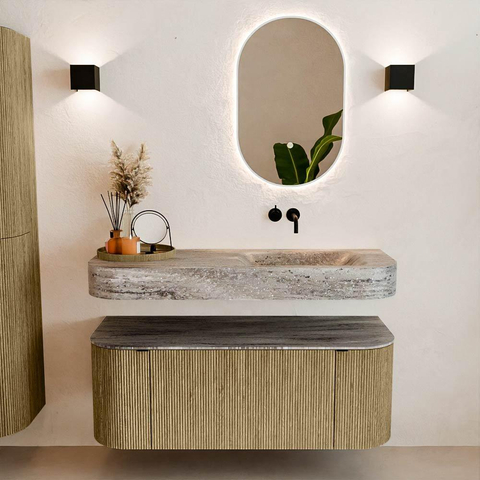 MONDIAZ THOR-DLUX 120cm badmeubel ronding links + rechts kleur Dusk met 1 lade en 2 deuren. Vrijhangende wastafel CLOUD Rechts zonder kraangat kleur Oza. SW1463436
