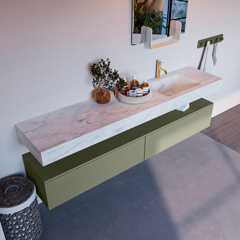 Mondiaz ALAN-DLUX Ensemble de meuble - 200cm - meuble Army mat - 2 tiroirs - Lavabo Cloud Opalo suspendu - vasque Droite - 1 trou de robinet SW807076