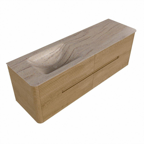 Mondiaz CIRO-DLUX Ensemble de meubles de salle de bains - 150x45x50cm - Vasque Solid Surface Saba - 1 lavabo à gauche - 1 trou de robinet - 4 tiroirs - Chêne SW1531209