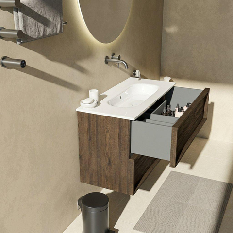 Saniclass Holz Frame Badkamermeubelset - 100x45x73.9cm - Chaci keramische wastafel wit - 1 wasbak - zonder kraangat - 2 lades - mat eiken charcoal (hout) SW1580001
