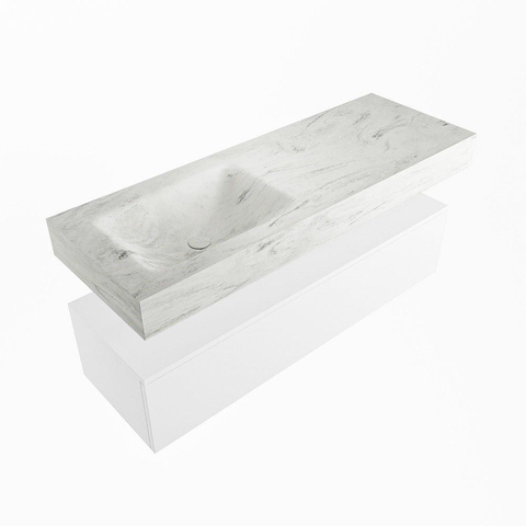 Mondiaz ALAN-DLUX Ensemble de meuble - 130cm - meuble Talc mat - 1 tiroir - Lavabo Cloud Opalo suspendu - vasque Gauche - 1 trou de robinet SW806355
