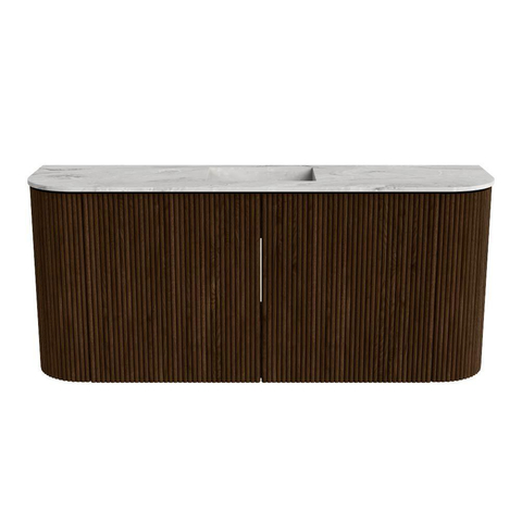 Mondiaz JOYA-DLUX 93.2cm meuble de salle de bains - arrondi gauche et droite couleur Walnut - Vasque FAYE position Milieu Sans trou de robinet couleur Glace. SW1422452