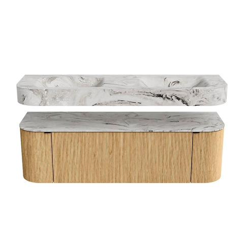MONDIAZ THOR-DLUX 150cm badmeubel ronding links + rechts kleur Oak met 1 lade en 2 deuren. Vrijhangende wastafel CLOUD Dubbel 2 kraangaten kleur Glace. SW1464586