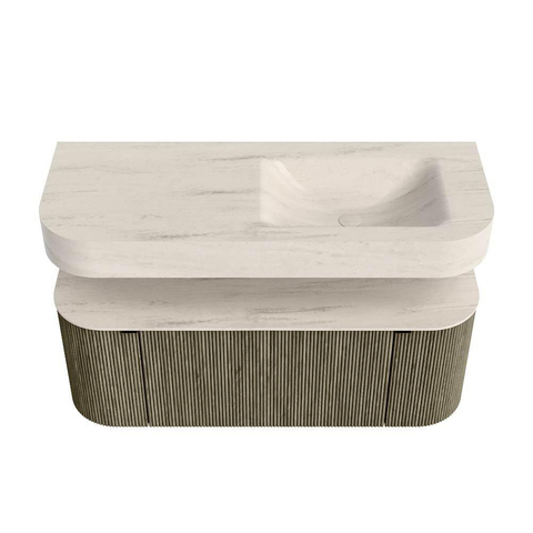 MONDIAZ THOR-DLUX 120cm meuble de salle de bains arrondi gauche + droite couleur Shadow avec 1 tiroir et 2 portes. Vasque suspendue CLOUD Droite 1 trou de robinet couleur Meli. SW1463334