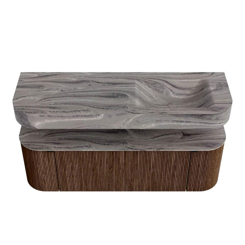 MONDIAZ THOR-DLUX 140cm meuble de salle de bains arrondi gauche + droite couleur Walnut avec 1 tiroir et 2 portes. Vasque suspendue CLOUD droite 1 trou de robinet couleur Sombra. SW1464361