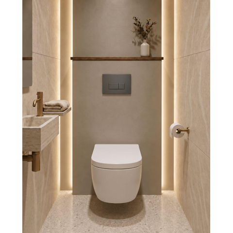 QeramiQ Dely Toiletset - 36.3x51.7cm - diepspoel - rimless - Geberit UP320 inbouwreservoir - met Burda frame - softclose toilet zitting 35 mm - bedieningsplaat antraciet mat - rechthoekige knoppen - wit glans SW1222086