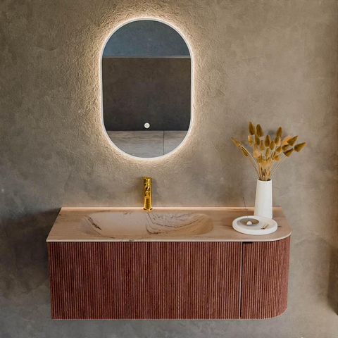 MONDIAZ KURVE-DLUX Meuble de salle de bains 115cm arrondi à droite couleur Ruby avec 1 tiroir et 1 porte. Lavabo BIG SMALL à gauche 1 trou de robinet Arena. SW1431498