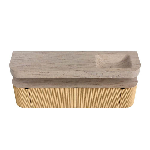 MONDIAZ THOR-DLUX 180cm badmeubel ronding links + rechts kleur Oak met 2 lades en 2 deuren. Vrijhangende wastafel CLOUD Rechts zonder kraangat kleur Saba. SW1466307