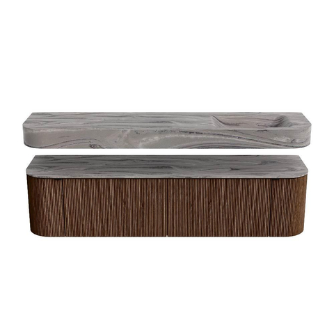 MONDIAZ THOR-DLUX 180cm meuble de salle de bains arrondi gauche + droite couleur Walnut avec 2 tiroirs et 2 portes. Vasque suspendue CLOUD Droite 1 trou de robinet couleur Sombra. SW1466266