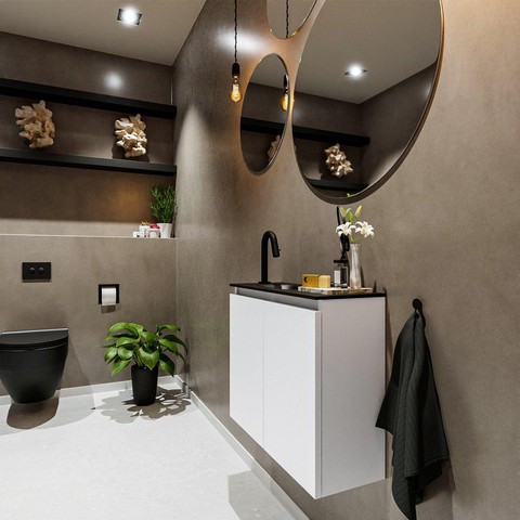 MONDIAZ TURE Fonteinset - 60x23x50cm - 1 kraangat - 2 deuren - talc mat - Wasbak links - Solid Surface Zwart SW475213