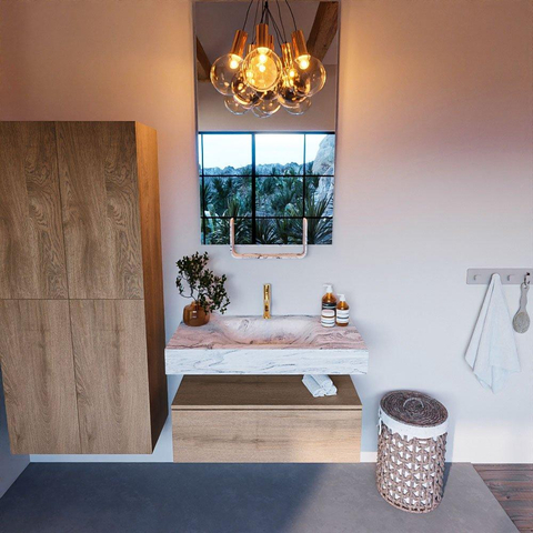 MONDIAZ ALAN - DLUX Ensemble de meuble de salle de bains - 90cm - meuble bas - Chêne lavé - 1 tiroir - lavabo suspendu - vasque centrée - 1 trou de robinet - Glace SW808960