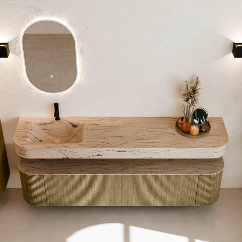 MONDIAZ THOR-DLUX 190cm meuble de salle de bains arrondi gauche + droite couleur Dusk avec 2 tiroirs et 2 portes. Vasque suspendue CLOUD Gauche 1 trou de robinet couleur Arena. SW1466603