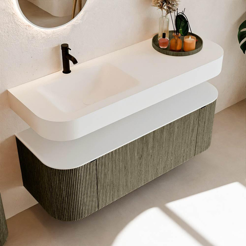 MONDIAZ THOR Meuble de salle de bains 130cm arrondi gauche + droite couleur Shadow avec 1 tiroir et 2 portes. Vasque suspendue CLOUD Gauche 1 trou de robinet couleur Talc. SW1463701