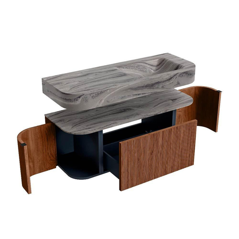 MONDIAZ THOR-DLUX 120cm meuble de salle de bains arrondi gauche + droite couleur Ruby avec 1 tiroir et 2 portes. Vasque suspendue CLOUD Droite 1 trou de robinet couleur Sombra. SW1463655